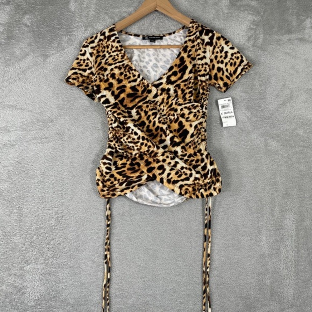 INC International Concepts Leopard Print Top Womens XS Babydoll Ruched Y2K VNeck